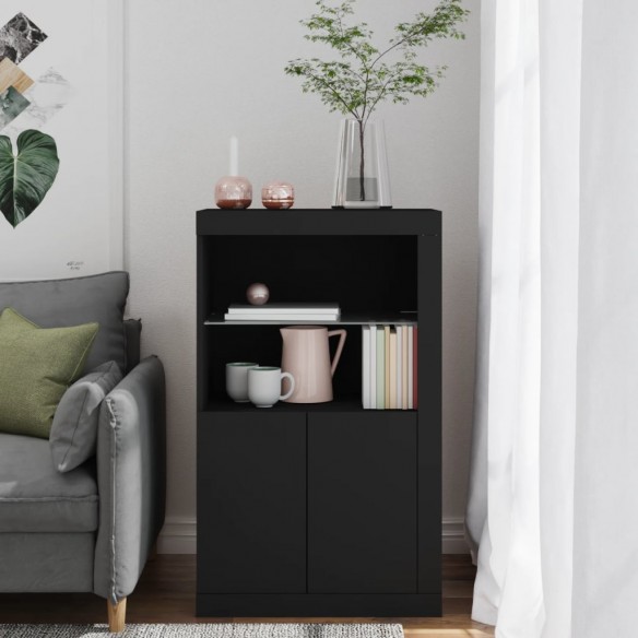 Armoire latérale avec lumières LED noir bois d'ingénierie