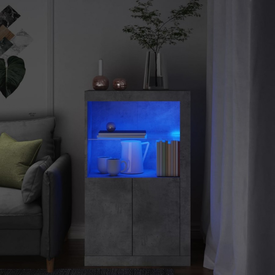 Armoire latérale avec lumières LED gris béton bois d'ingénierie