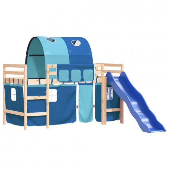 Lit mezzanine enfants avec tunnel bleu 80x200cm bois pin massif