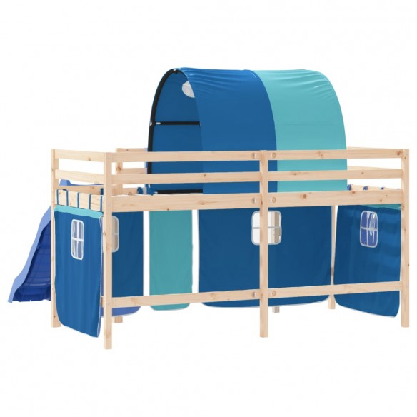 Lit mezzanine enfants avec tunnel bleu 80x200cm bois pin massif