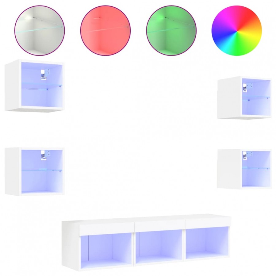 Unités murales TV avec LED 7 pcs blanc bois d'ingénierie Unités murales TV avec LED 7 pcs blanc bois d'ingénierie