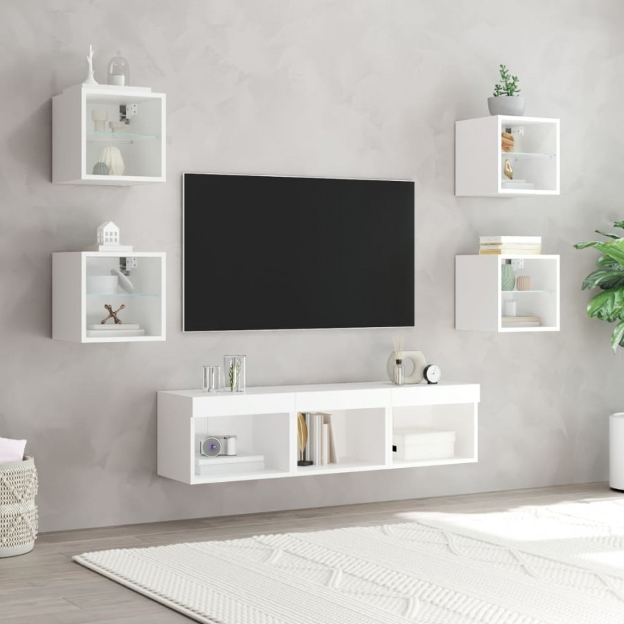 Unités murales TV avec LED 7 pcs blanc bois d'ingénierie Unités murales TV avec LED 7 pcs blanc bois d'ingénierie