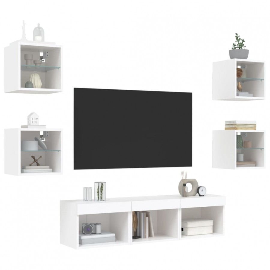Unités murales TV avec LED 7 pcs blanc bois d'ingénierie Unités murales TV avec LED 7 pcs blanc bois d'ingénierie