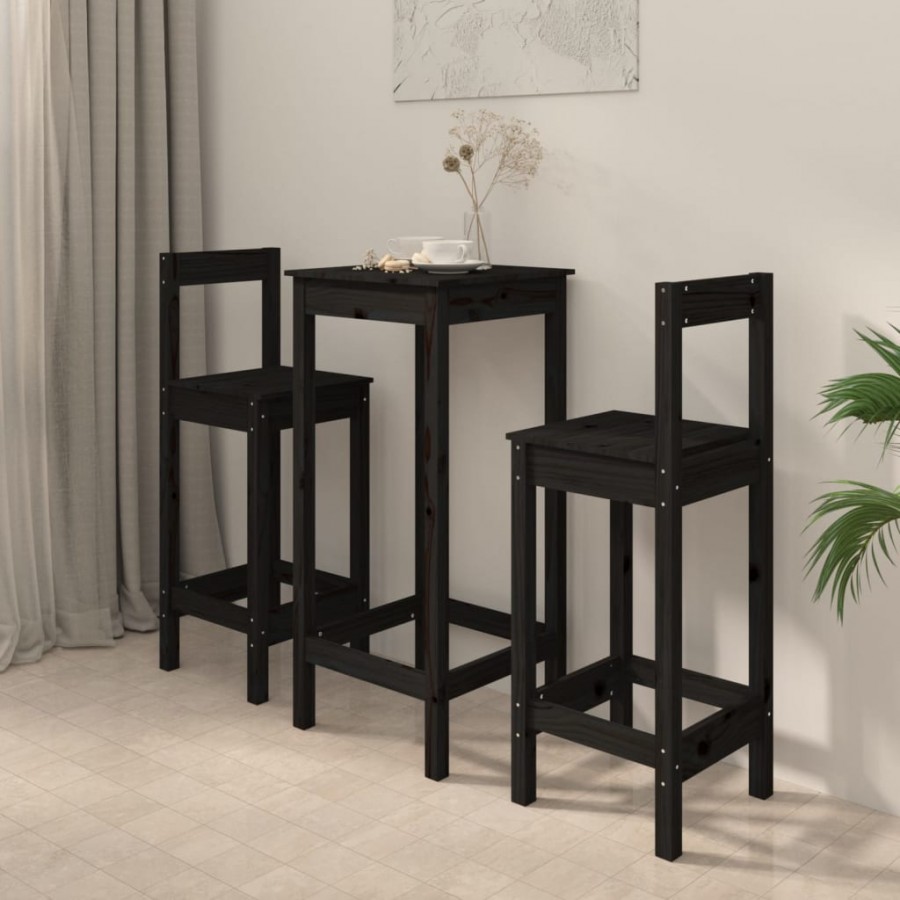 Ensemble de bar 3 pcs Noir Bois de pin massif