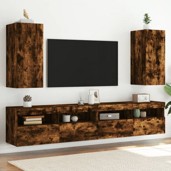 Meubles TV muraux et lumières LED 2pcs chêne fumé 30,5x35x70 cm