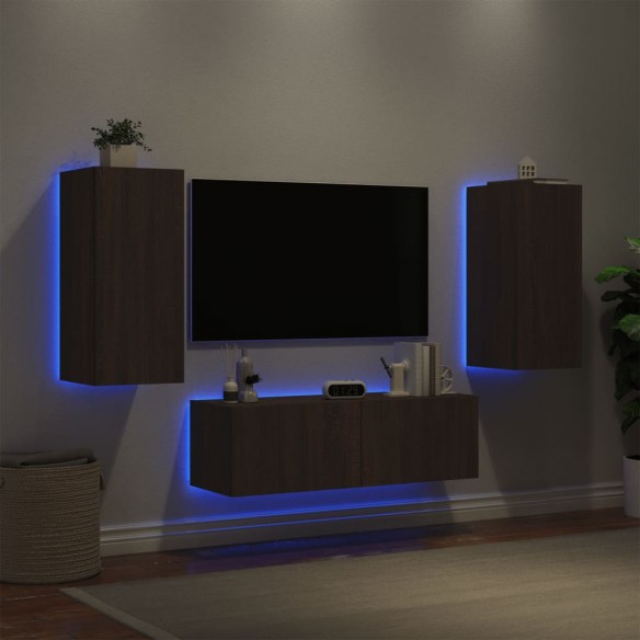 Meuble TV muraux 3 pcs avec lumières LED chêne marron