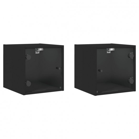 Tables de chevet avec portes en verre 2 pcs noir 35x37x35 cm