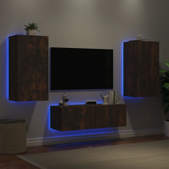 Meuble TV muraux 3 pcs avec lumières LED chêne fumé