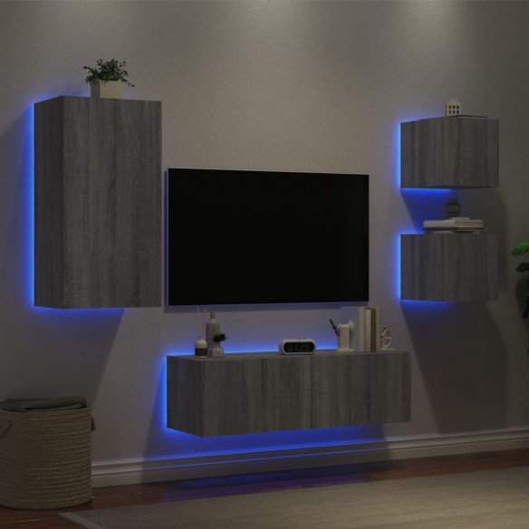 Meuble TV muraux 4 pcs avec lumières LED sonoma gris