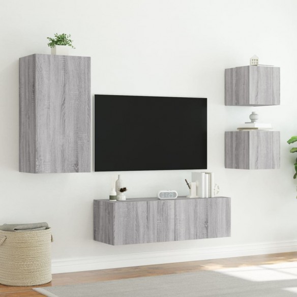 Meuble TV muraux 4 pcs avec lumières LED sonoma gris