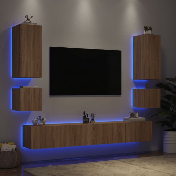 Meuble TV muraux 6 pcs avec lumières LED chêne sonoma