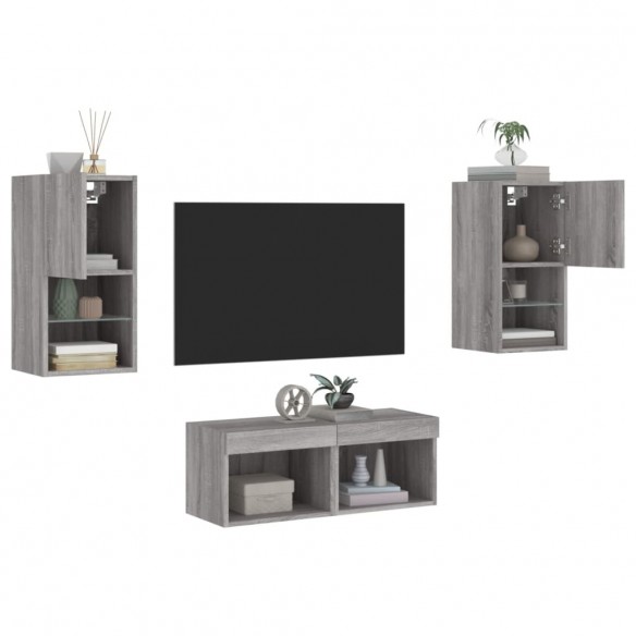 Meuble TV muraux 4 pcs avec lumières LED sonoma gris