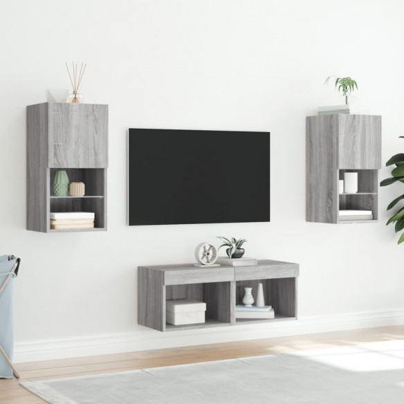 Meuble TV muraux 4 pcs avec lumières LED sonoma gris