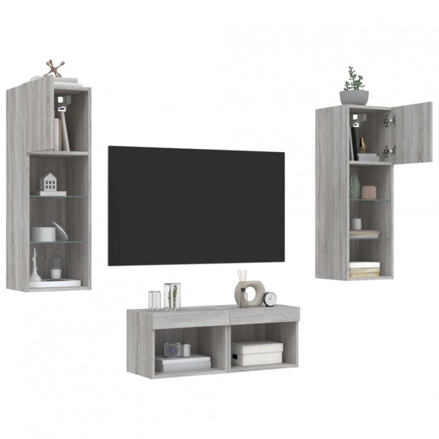 Meuble TV muraux 4 pcs avec lumières LED sonoma gris