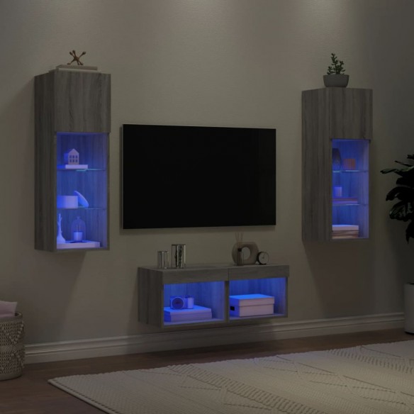 Meuble TV muraux 4 pcs avec lumières LED sonoma gris