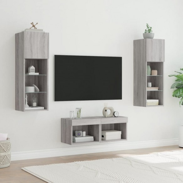 Meuble TV muraux 4 pcs avec lumières LED sonoma gris