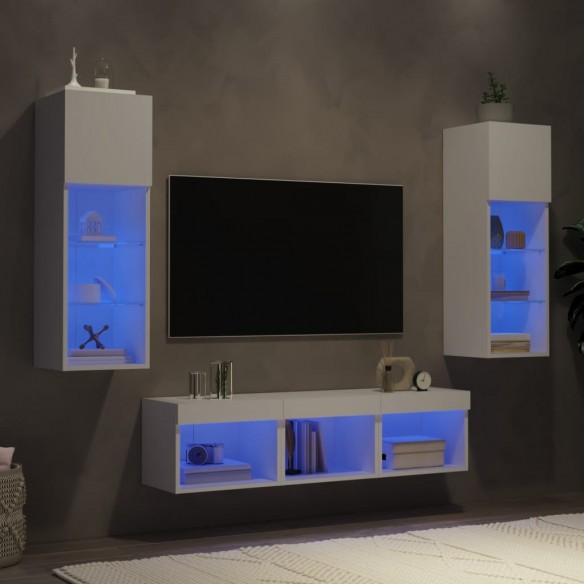 Unités murales TV avec LED 5 pcs blanc bois d'ingénierie