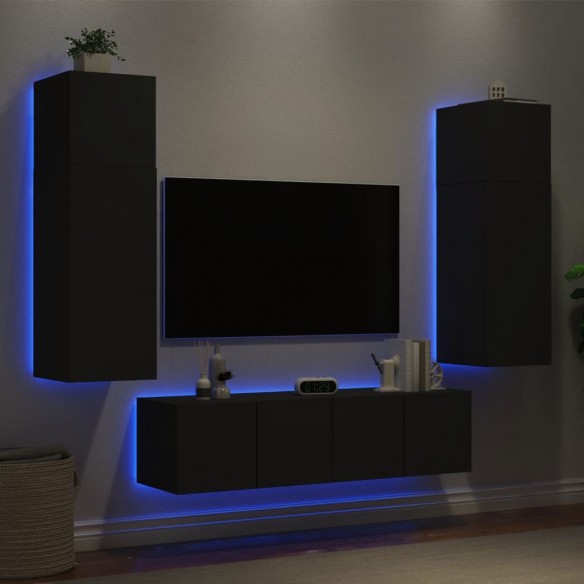 Unités murales TV avec LED 6 pcs noir bois d'ingénierie