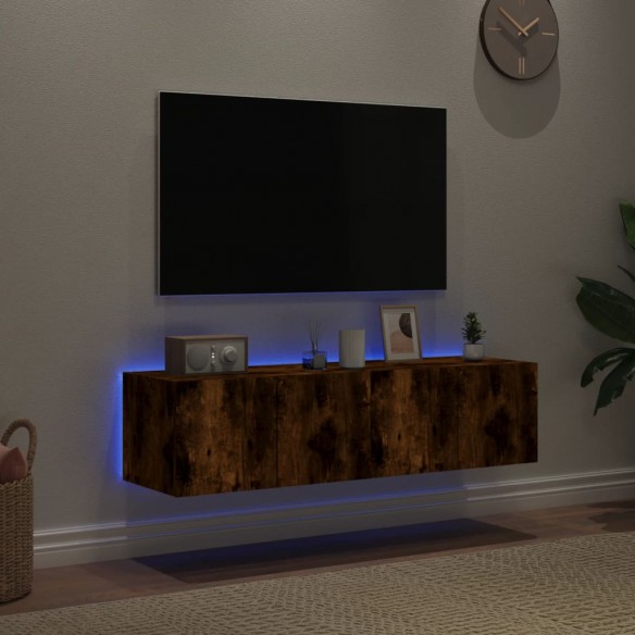 Meubles TV muraux et lumières LED 2pcs chêne fumé 60x35x31 cm