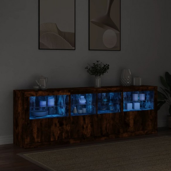 Buffet avec lumières LED chêne fumé 202x37x67 cm