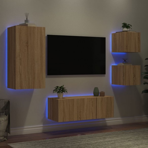 Unités murales TV avec LED 5 pcs chêne sonoma bois d'ingénierie