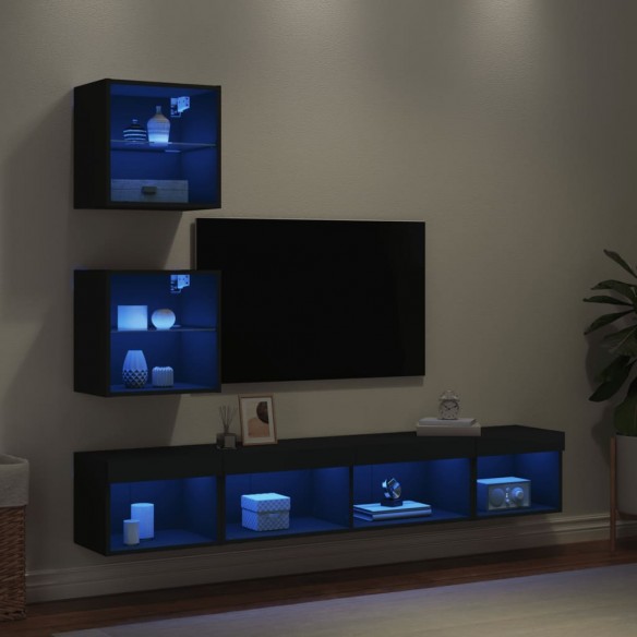 Unités murales TV avec LED 5 pcs noir bois d'ingénierie