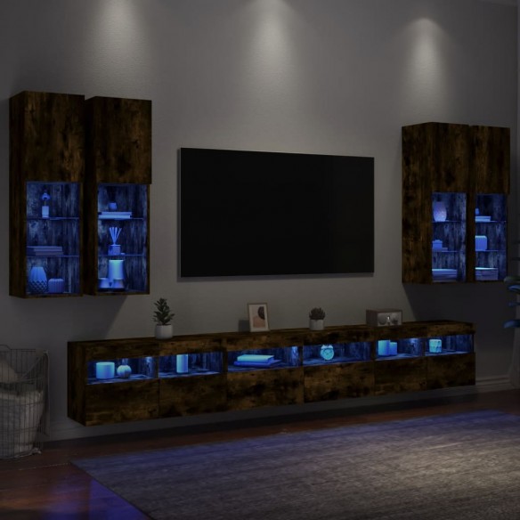 Ensemble de meubles TV muraux 7 pcs et lumières LED chêne fumé