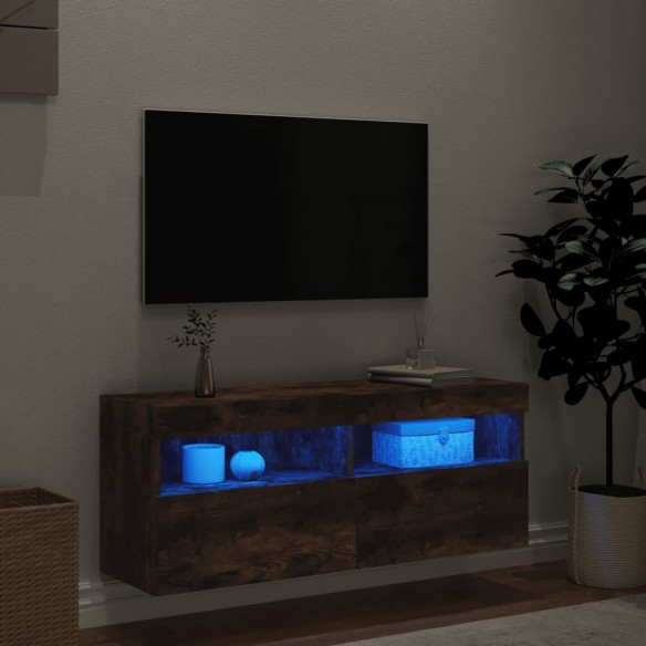 Meuble TV mural avec lumières LED chêne fumé 100x30x40 cm