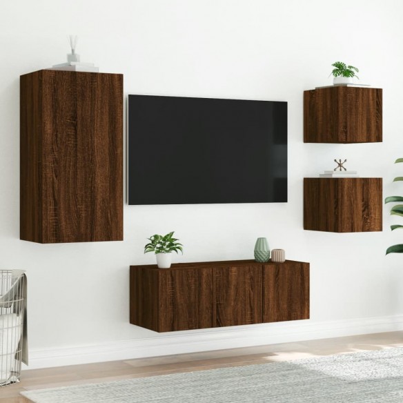 Unités murales TV avec LED 5 pcs chêne marron bois d'ingénierie