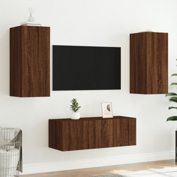 Unités murales TV avec LED 4 pcs chêne marron bois d'ingénierie