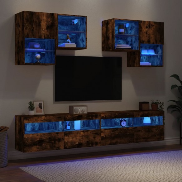 Ensemble de meubles TV muraux 6pcs et lumières LED chêne fumé