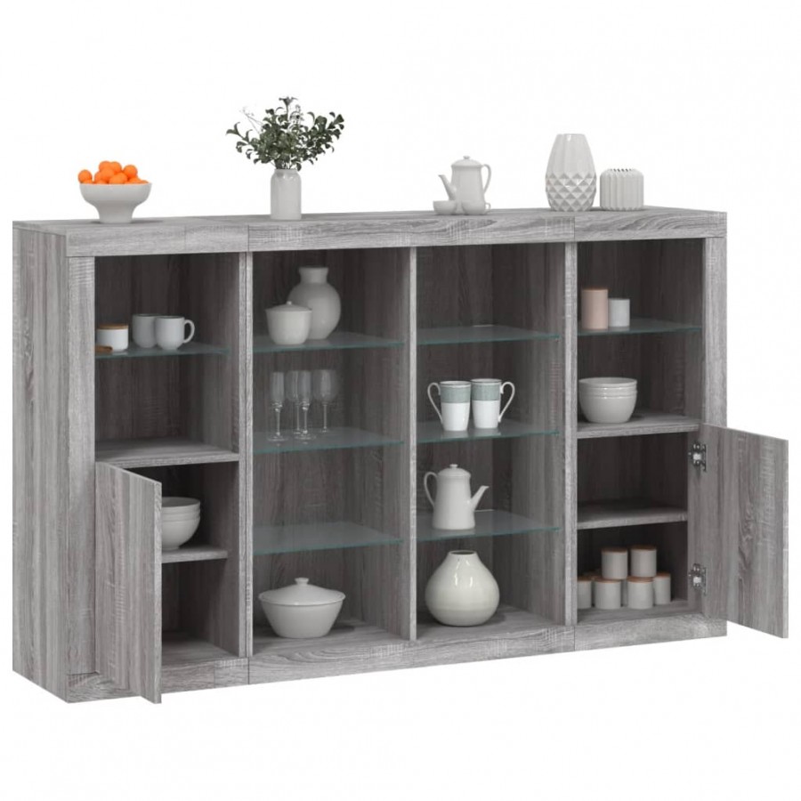 Buffets avec lumières LED 3 pcs sonoma gris bois d'ingénierie