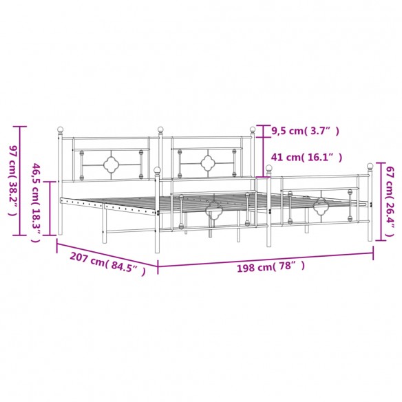 Cadre de lit métal avec tête de lit/pied de lit noir 193x203 cm