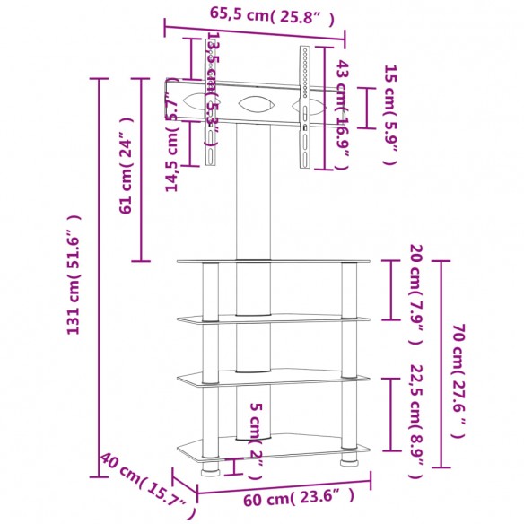 Meuble TV d'angle 4 niveaux pour 32-70 pouces noir et argenté