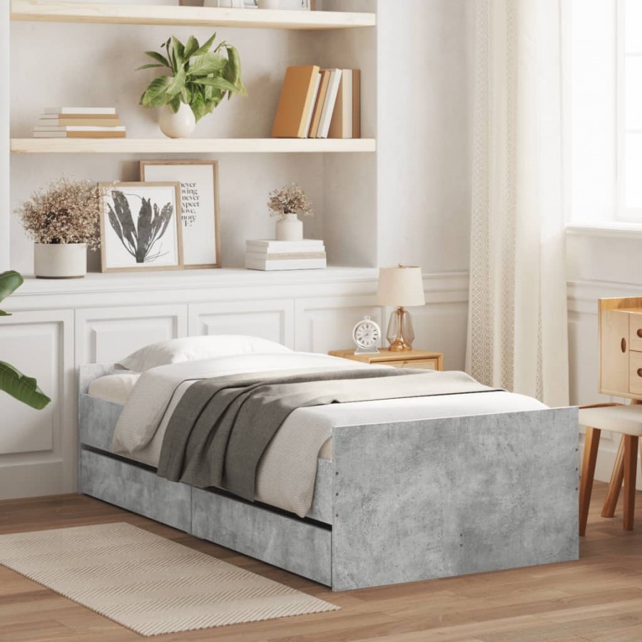 Cadre de lit avec tiroirs gris béton 100x200 cm