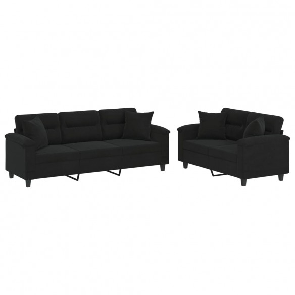 Ensemble de canapés 2 pcs avec coussins Noir Tissu microfibre