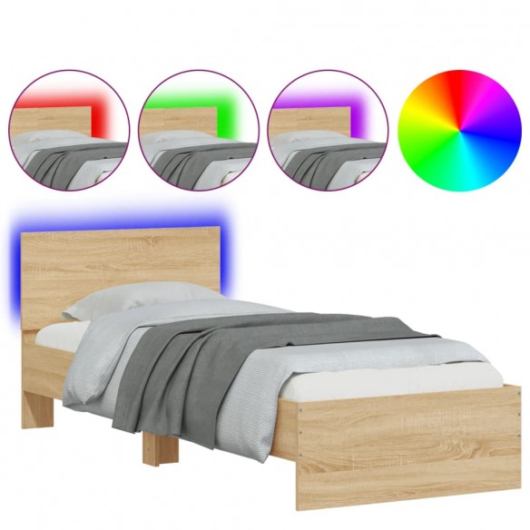 Cadre de lit tête de lit et lumières LED chêne sonoma 90x200 cm