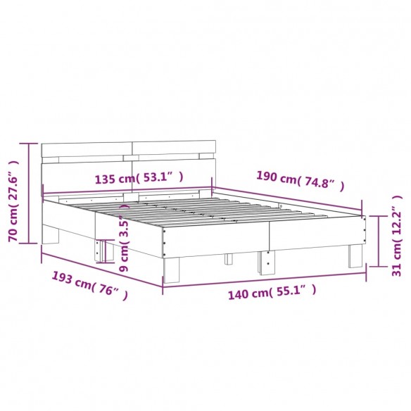 Cadre de lit avec tête de lit noir 135x190 cm bois d'ingénierie