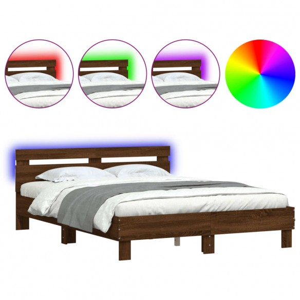 Cadre de lit avec tête de lit et LED chêne marron 150x200 cm