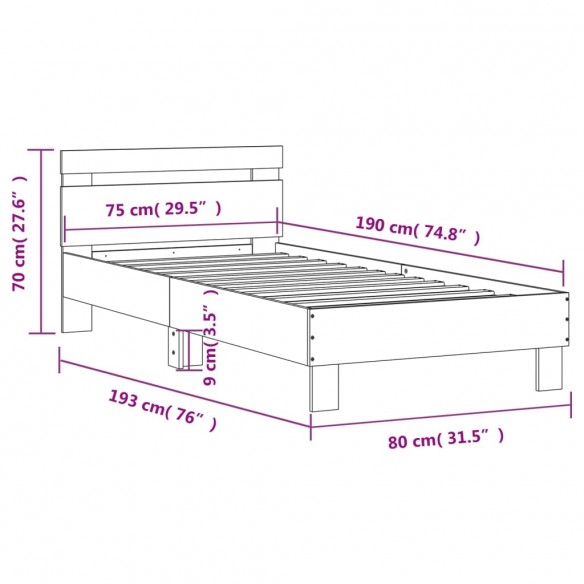 Cadre de lit tête de lit gris béton 75x190 cm bois ingénierie