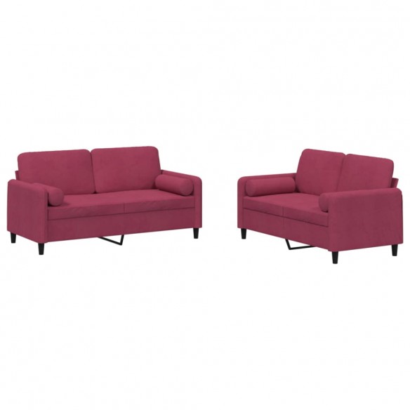 Ensemble de canapés 2 pcs avec coussins rouge bordeaux velours