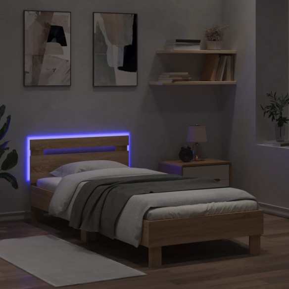 Cadre de lit tête de lit et lumières LED chêne sonoma 90x190 cm