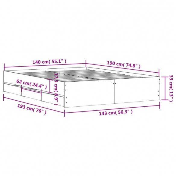 Cadre de lit et tiroirs sonoma gris 140x190 cm bois ingénierie