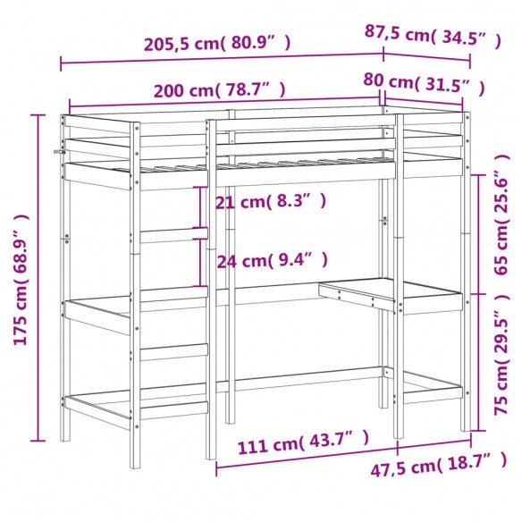 Lit superposé avec bureau blanc 80x200 cm bois de pin massif