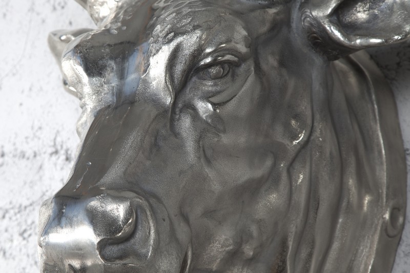Trophée mural 65 cm en tête de taureau en aluminium argenté