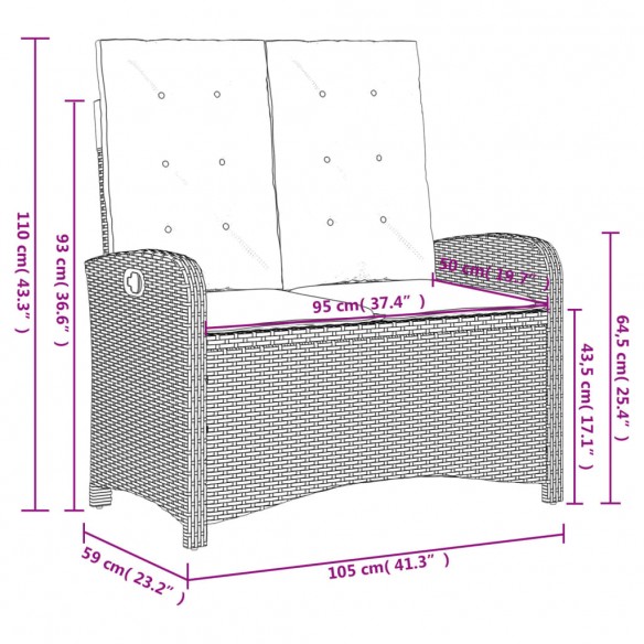 Banc inclinable de jardin avec coussins gris résine tressée