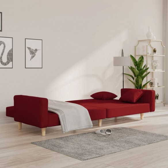 Canapé-lit à 2 places avec deux oreillers rouge bordeaux tissu