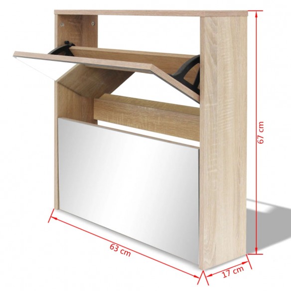 Meuble à chaussures 2 étages avec miroir 63 x 17 x 67 cm Chêne