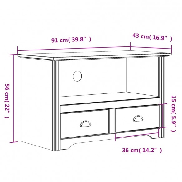 Meuble TV avec 2 tiroirs BODO gris 91x43x56cm bois massif pin