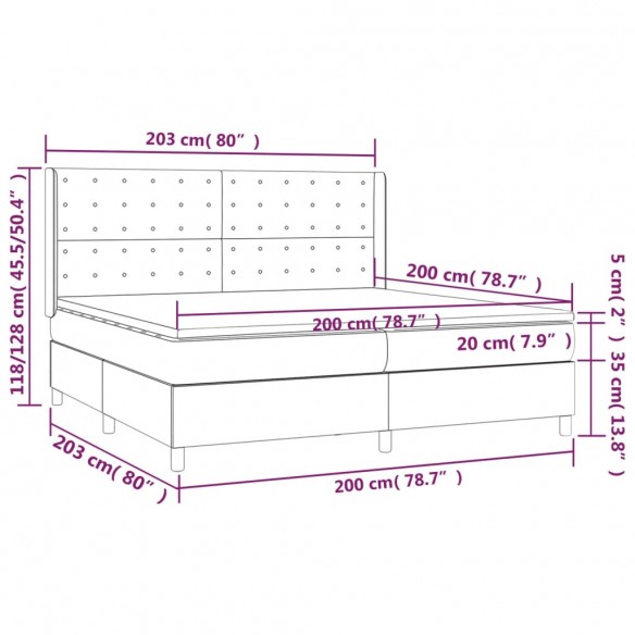 Sommier à lattes de lit matelas et LED Gris foncé 200x200 cm